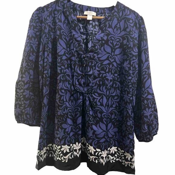 Loft ann taylor Black Purple Floral Blouse Button Front Balloon Sleeves Medium - Picture 1 of 10